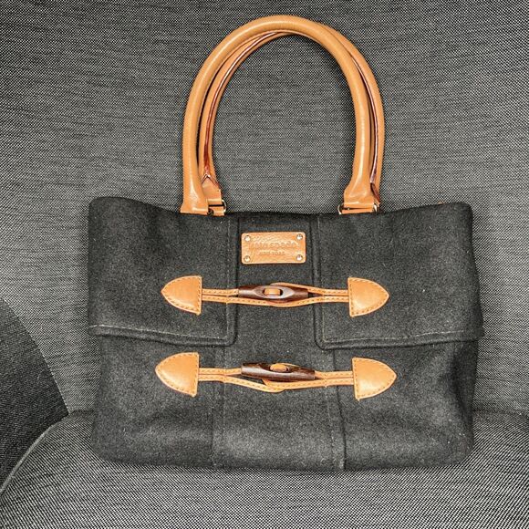 KATE SPADE Purse Quinn Whistler Black Wool Felt Tan Leather Satchel Tote Bag - Picture 1 of 8